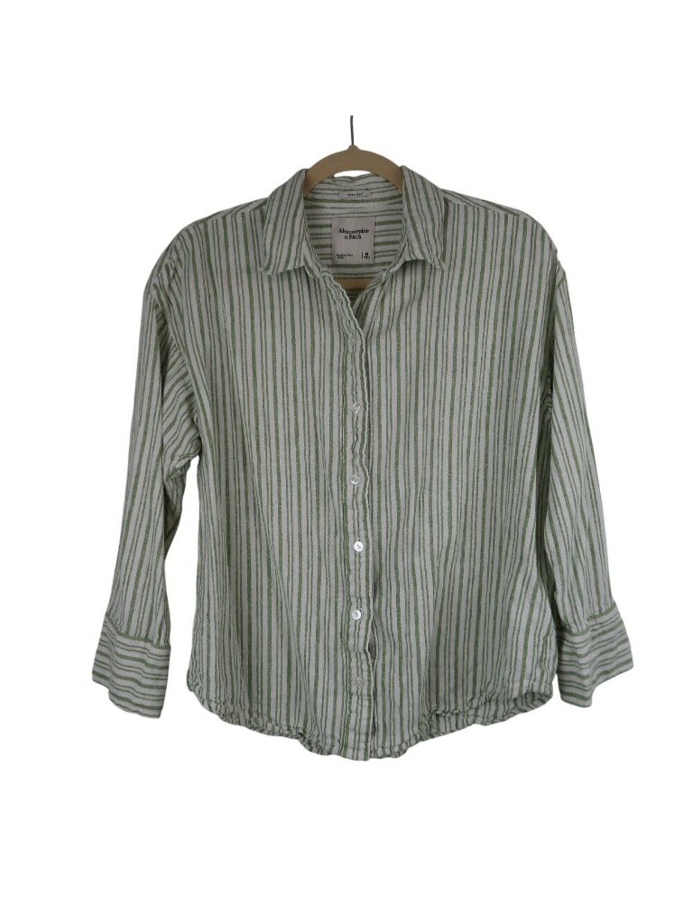 Abercrombie & Fitch M Oversized Green White Striped Button-Up Shirt Linen Blend